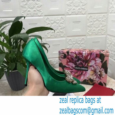 Dolce  &  Gabbana Heel 10.5cm Satin Pumps Green with Crystal Bow 2021
